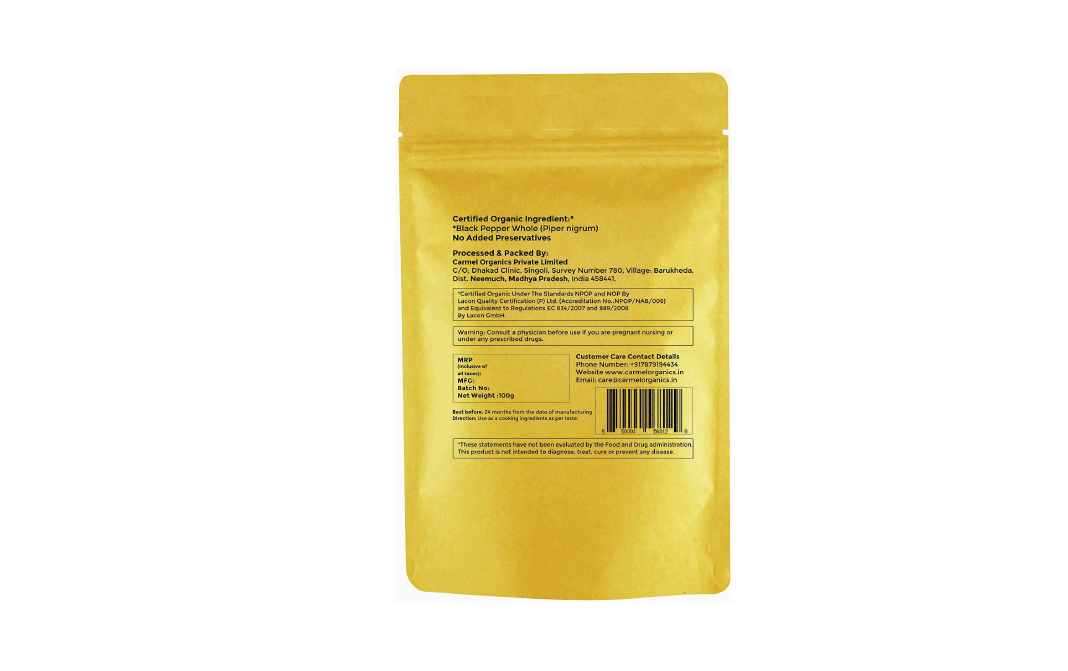 Carmel Organics Black Pepper Whole    Pack  100 grams